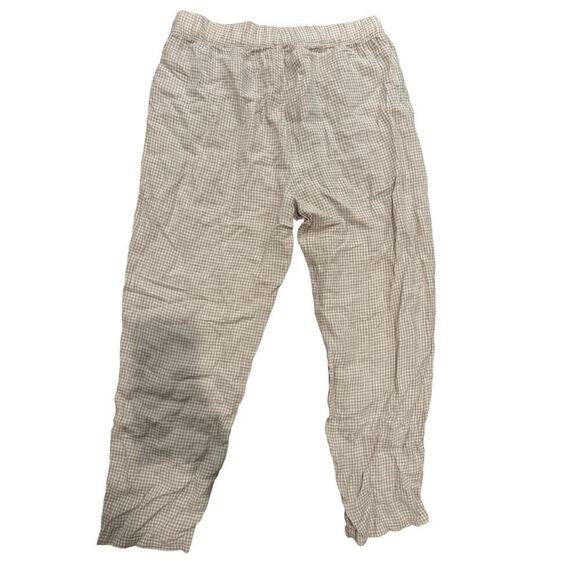 Eileen Fisher NWT Large Beige Gingham Pull On Pants Organic Linen Tapered Pant - Picture 3 of 6